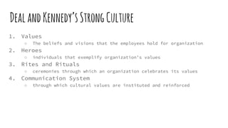 DealandKennedy’sStrongCulture
1. Values
○ The beliefs and visions that the employees hold for organization
2. Heroes
○ ind...