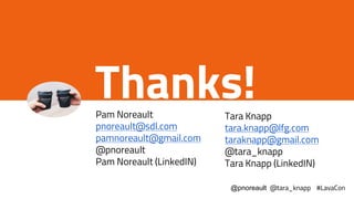 Thanks!
!
Pam Noreault
pnoreault@sdl.com
pamnoreault@gmail.com
@pnoreault
Pam Noreault (LinkedIN)
Tara Knapp
tara.knapp@lfg.com
taraknapp@gmail.com
@tara_knapp
Tara Knapp (LinkedIN)
@pnoreault @tara_knapp #LavaCon
 