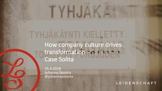 How	company	culture	drives	
transformation		-
Case	Solita
25.4.2018
Johanna	Noreila
@johannanoreila
 