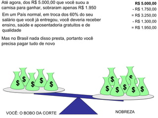 $
$
VOCÊ: O BOBO DA CORTE NOBREZA
$
$
$ $
$ $$$
$ $
Até agora, dos R$ 5.000,00 que você suou a
camisa para ganhar, sobraram apenas R$ 1.950
R$ 5.000,00
- R$ 1.750,00
= R$ 3.250,00
- R$ 1.300,00
= R$ 1.950,00
Em um País normal, em troca dos 60% do seu
salário que você já entregou, você deveria receber
ensino, saúde e aposentadoria gratuitos e de
qualidade
Mas no Brasil nada disso presta, portanto você
precisa pagar tudo de novo
 