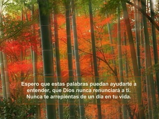 Espero que estas palabras puedan ayudarte a
  entender, que Dios nunca renunciará a ti.
  Nunca te arrepientas de un día en tu vida.
 