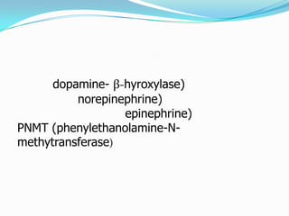 dopamine- β-hyroxylase)
          norepinephrine)
                  epinephrine)
PNMT (phenylethanolamine-N-
methytransferase)
 