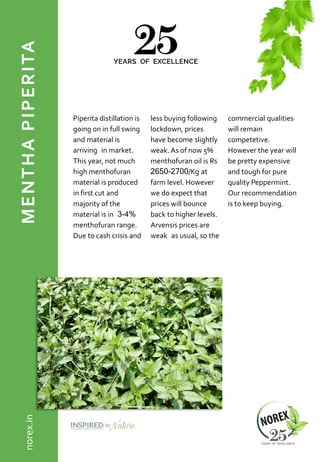 MENTHAPIPERITA
Piperita distillation is
going on in full swing
and material is
arriving in market.
This year, not much
high menthofuran
material is produced
in first cut and
majority of the
material is in 3-4%
menthofuran range.
Due to cash crisis and
less buying following
lockdown, prices
have become slightly
weak. As of now 5%
menthofuran oil is Rs
2650-2700/Kg at
farm level. However
we do expect that
prices will bounce
back to higher levels.
Arvensis prices are
weak as usual, so the
commercial qualities
will remain
competetive.
However the year will
be pretty expensive
and tough for pure
quality Peppermint.
Our recommendation
is to keep buying.
norex.in
 