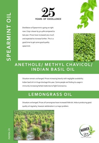 SPEARMINTOIL
Distillation of Spearmint is going on right
now. Crop is lesser by 30-40% compared to
last year. Prices have increased very much
and expected to increase further. This is a
good time to get some good quality
spearmint.
ANETHOLE/ METHYL CHAVICOL/
INDIAN BASIL OIL
Situation remain unchanged. Prices increasing heavily with negligible availability.
Indian basil oil is in huge shortage this year. Some people are finding its usage in
immunity increasing herbal medicines to fight Coronavirus.
norex.in
LEMONGRASS OIL
Situation unchanged. Prices of Lemongrass have increased little bit. India is producing good
quality oil regularly, however adulteration is a major problem.
 