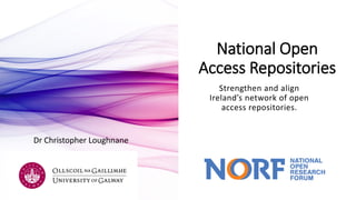 National Open
Access Repositories
Strengthen and align
Ireland’s network of open
access repositories.
Dr Christopher Loughnane
 