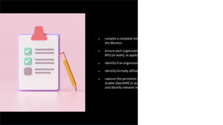 • compile a complete list of Irish RPOs and RFOs to be represented by
the Monitor
• ensure each organisation/entity is categorised correctly as RPO or
RFO (or both), as applicable
• identify if an organisation is publicly-funded
• identify formally affiliated organisations
• capture the persistent identifiers for RPOs, RFOs and Publishers, to
enable OpenAIRE to query their corpus of open data using those PIDs
and identify relevant research outputs for the Monitor.
 