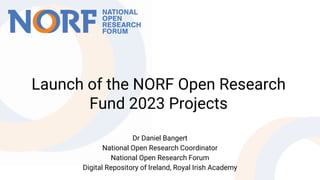 Dr Daniel Bangert
National Open Research Coordinator
National Open Research Forum
Digital Repository of Ireland, Royal Irish Academy
Launch of the NORF Open Research
Fund 2023 Projects
 