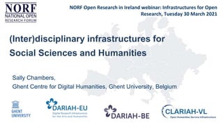 Sally Chambers,
Ghent Centre for Digital Humanities, Ghent University, Belgium
(Inter)disciplinary infrastructures for
Social Sciences and Humanities
NORF Open Research in Ireland webinar: Infrastructures for Open
Research, Tuesday 30 March 2021
 
