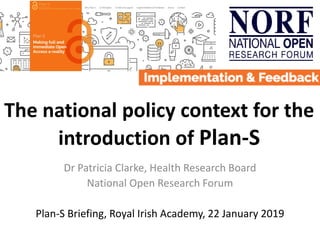 The national policy context for the
introduction of Plan-S
Dr Patricia Clarke, Health Research Board
National Open Research Forum
Plan-S Briefing, Royal Irish Academy, 22 January 2019
 
