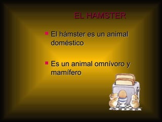 EL HAMSTER
El hámster es un animal
doméstico
Es un animal omnívoro y
mamífero