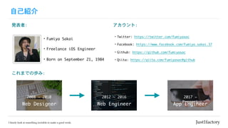 ԼB
?Fumiya	Sakai
?Freelance	iOS	Engineer
:
?Twitter:	https://twitter.com/fumiyasac

?Facebook:	https://www.facebook.com/fumiya.sakai.37

?Github:	https://github.com/fumiyasac	

?Qiita:	https://qiita.com/fumiyasac@github
k:
?Born	on	September	21,	1984
ޤǤΚi:
Web	Designer
2008	~	2010
Web	Engineer
2012	~	2016
App	Engineer
2017	~	
Present
 