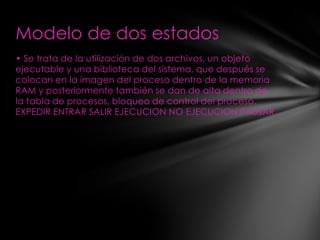 Modelo de dos estados
• Se trata de la utilización de dos archivos, un objeto
ejecutable y una biblioteca del sistema, que después se
colocan en la imagen del proceso dentro de la memoria
RAM y posteriormente también se dan de alta dentro de
la tabla de procesos, bloqueo de control del proceso.
EXPEDIR ENTRAR SALIR EJECUCION NO EJECUCION PAUSAR
 