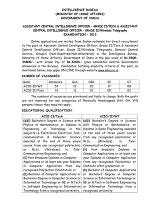 INTELLIGENCE BUREAU
(MINISTRY OF HOME AFFAIRS)
GOVERNMENT OF INDIA
ASSISTANT CENTRAL INTELLIGENCE OFFICER – GRADE II/TECH & ASSISTANT
CENTRAL INTELLIGENCE OFFICER – GRADE II/Wireless Telegraphy
EXAMINATION - 2013
Online applications are invited from Indian nationals for direct recruitment
to the post of Assistant Central Intelligence Officer, Grade II/Tech & Assistant
Central Intelligence Officer, Grade II/Wireless Telegraphy, General Central
Service, Group–C (Non-Gazetted/Non-Ministerial) in the Intelligence Bureau,
(Ministry of Home Affairs), Government of India in the pay scale of Rs.930034800/- with Grade Pay of Rs.4200/- (plus admissible Central Government
allowances in the Bureau). Candidates fulfilling eligibility criteria of the post, as
mentioned below, may apply ON-LINE through website www.mha.nic.in.
NUMBER OF VACANCIES:
Rank
ACIO-II/WT
ACIO-II/Tech

Vacancies
57
19

Gen
12
11

OBC
20
01

SC
17
05

ST
08
02

The numbers of vacancies are provisional and liable to change. Both the posts
are not reserved for any categories of Physically Handicapped (HH, OH, VH)
persons. Hence they need not apply.
EDUCATIONAL QUALIFICATION:
ACIO-II/Tech
(a)(i) Bachelor’s Degree in Science with
Physics or Mathematics; or Diploma in
Engineering or Technology in the
subjects i.e. Electronics, Electrical, Telecommunication & Computer Science
awarded at the end of three years
course from any recognised polytechnic
or
M.Sc.
(Wireless)
in
TeleCommunication Engineering; and
(ii) Post Graduate Diploma in Computer
Applications or at least one year Diploma
in Computer Application from any
recognised Polytechnic/Institution; or
(b) Bachelor of Computer Applications or
Bachelors Degree in Computer Science or
Information Technology or BE or B.Tech
in Software Engineering or Information
Technology from a recognised university.

ACIO-II/WT
(a)(i) Bachelor’s Degree in Science
with Physics or Mathematics; or
Diploma in Radio Engineering awarded
at the end of three years course
from any recognised polytechnic or
M.Sc.
(Wireless)
in
TeleCommunication Engineering; and
(ii) Post Graduate Diploma in
Computer Applications or at least one
year Diploma in Computer Application
from any recognised Polytechnic or
Institute after graduation, or
(b) Bachelor of Computer Applications
or Bachelors Degree in Computer
Science or Information Technology or
BE or B.Tech in Software Engineering
or Information Technology from a
recognised university

 
