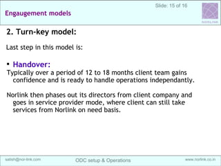 15
Sanganak Software
Services IndiaOffshoring Maturity Model (OMM)
Off-shore development center (ODC) Setup & Operations @ India | satish@sangsoft.in | Skype: satish.bhagwat
1. Offshoring:
This is first phase where client simply gives out
the work to offshoring partner and has
minimum involvement in offshore team
management.
(optional, client can start with step 2 directly)
Offshoring Maturity Model (OMM)
 