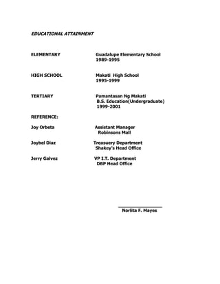 EDUCATIONAL ATTAINMENT
ELEMENTARY Guadalupe Elementary School
1989-1995
HIGH SCHOOL Makati High School
1995-1999
TERTIARY Pamantasan Ng Makati
B.S. Education(Undergraduate)
1999-2001
REFERENCE:
Joy Orbeta Assistant Manager
Robinsons Mall
Joybel Diaz Treasuery Department
Shakey’s Head Office
Jerry Galvez VP I.T. Department
DBP Head Office
________________
Norlita F. Mayes
 