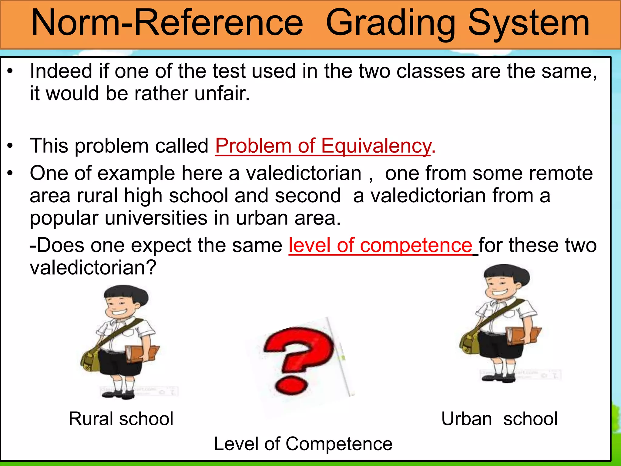 • Indeed if one of the test used in the two classes are the same,
it would be rather unfair.
• This problem called Problem of Equivalency.
• One of example here a valedictorian , one from some remote
area rural high school and second a valedictorian from a
popular universities in urban area.
-Does one expect the same level of competence for these two
valedictorian?
Rural school Urban school
Level of Competence
Norm-Reference Grading System
 