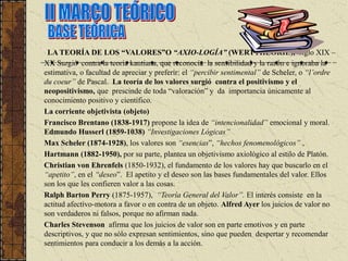 LA TEORÍA DE LOS “VALORES”O “AXIO-LOGÍA” (WERTTHEORIE), siglo XIX –
XX Surgió contra la teoría kantiana, que reconocía la sensibilidad y la razón e ignoraba la
estimativa, o facultad de apreciar y preferir: el “percibir sentimental” de Scheler, o “l’ordre
du coeur” de Pascal. La teoría de los valores surgió contra el positivismo y el
neopositivismo, que prescinde de toda “valoración” y da importancia únicamente al
conocimiento positivo y científico.
La corriente objetivista (objeto)
Francisco Brentano (1838-1917) propone la idea de “intencionalidad” emocional y moral.
Edmundo Husserl (1859-1038) “Investigaciones Lógicas”
Max Scheler (1874-1928), los valores son “esencias”, “hechos fenomenológicos” ,
Hartmann (1882-1950), por su parte, plantea un objetivismo axiológico al estilo de Platón.
Christian von Ehrenfels (1850-1932), el fundamento de los valores hay que buscarlo en el
“apetito”, en el “deseo”. El apetito y el deseo son las bases fundamentales del valor. Ellos
son los que les confieren valor a las cosas.
Ralph Barton Perry (1875-1957), “Teoría General del Valor”. El interés consiste en la
actitud afectivo-motora a favor o en contra de un objeto. Alfred Ayer los juicios de valor no
son verdaderos ni falsos, porque no afirman nada.
Charles Stevenson afirma que los juicios de valor son en parte emotivos y en parte
descriptivos, y que no sólo expresan sentimientos, sino que pueden despertar y recomendar
sentimientos para conducir a los demás a la acción.
 