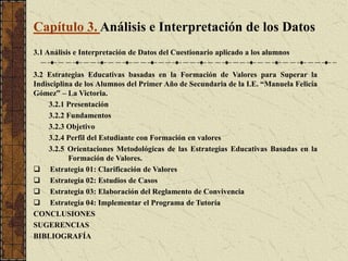 Capítulo 3. Análisis e Interpretación de los Datos
3.1 Análisis e Interpretación de Datos del Cuestionario aplicado a los alumnos

3.2 Estrategias Educativas basadas en la Formación de Valores para Superar la
Indisciplina de los Alumnos del Primer Año de Secundaria de la I.E. “Manuela Felicia
Gómez” – La Victoria.
     3.2.1 Presentación
     3.2.2 Fundamentos
     3.2.3 Objetivo
     3.2.4 Perfil del Estudiante con Formación en valores
     3.2.5 Orientaciones Metodológicas de las Estrategias Educativas Basadas en la
           Formación de Valores.
 Estrategia 01: Clarificación de Valores
 Estrategia 02: Estudios de Casos
 Estrategia 03: Elaboración del Reglamento de Convivencia
 Estrategia 04: Implementar el Programa de Tutoría
CONCLUSIONES
SUGERENCIAS
BIBLIOGRAFÍA
 