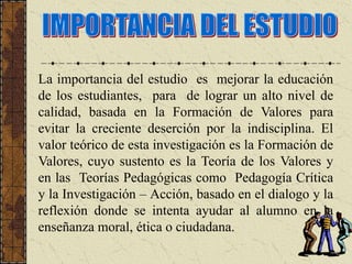 La importancia del estudio es mejorar la educación
de los estudiantes, para de lograr un alto nivel de
calidad, basada en la Formación de Valores para
evitar la creciente deserción por la indisciplina. El
valor teórico de esta investigación es la Formación de
Valores, cuyo sustento es la Teoría de los Valores y
en las Teorías Pedagógicas como Pedagogía Crítica
y la Investigación – Acción, basado en el dialogo y la
reflexión donde se intenta ayudar al alumno en la
enseñanza moral, ética o ciudadana.
 