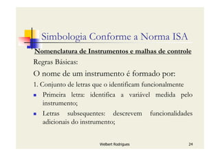 Welbert Rodrigues 24
Simbologia Conforme a Norma ISA
Nomenclatura de Instrumentos e malhas de controle
Regras Básicas:
O nome de um instrumento é formado por:
1. Conjunto de letras que o identificam funcionalmente
Primeira letra: identifica a variável medida pelo
instrumento;
Letras subsequentes: descrevem funcionalidades
adicionais do instrumento;
 