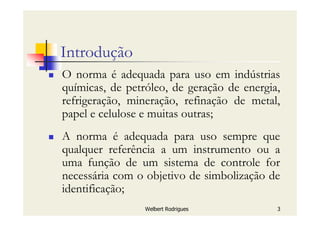 Welbert Rodrigues 3
Introdução
O norma é adequada para uso em indústrias
químicas, de petróleo, de geração de energia,
refrigeração, mineração, refinação de metal,
papel e celulose e muitas outras;
A norma é adequada para uso sempre que
qualquer referência a um instrumento ou a
uma função de um sistema de controle for
necessária com o objetivo de simbolização de
identificação;
 