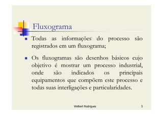 Welbert Rodrigues 5
Fluxograma
Todas as informações do processo são
registrados em um fluxograma;
Os fluxogramas são desenhos básicos cujo
objetivo é mostrar um processo industrial,
onde são indicados os principais
equipamentos que compõem este processo e
todas suas interligações e particularidades.
 