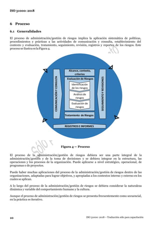10
ISO 31000: 2018
ISO 31000: 2018 – Traducción sólo para capacitación
6 Proceso
6.1 Generalidades
El proceso de administración/gestión de riesgos implica la aplicación sistemática de políticas,
procedimientos y prácticas a las actividades de comunicación y consulta, establecimiento del
contexto y evaluación, tratamiento, seguimiento, revisión, registros y reportes de los riesgos. Este
procesose ilustraenlaFigura 4.
Figura 4 — Proceso
El proceso de la administración/gestión de riesgos debiera ser una parte integral de la
administración/gestión y de la toma de decisiones y se debiera integrar en la estructura, las
operaciones y los procesos de la organización. Puede aplicarse a nivel estratégico, operacional, de
programas o de proyectos.
Puede haber muchas aplicaciones del proceso de la administración/gestión de riesgos dentro de las
organizaciones, adaptadas para lograr objetivos, y apropiadas a los contextos interno y externo en los
cuales se aplican.
A lo largo del proceso de la administración/gestión de riesgos se debiera considerar la naturaleza
dinámica y variable del comportamiento humano y la cultura.
Aunque el proceso de administración/gestión de riesgos se presenta frecuentemente como secuencial,
en la práctica es iterativo.
 