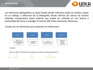 REFERENCIAS
Las referencias bibliográficas es aquel listado donde indicamos todas las fuentes citadas
en un trabajo, a diferencia de la bibliografía donde además de colocar las fuentes
utilizadas incorporamos aquel material que puede ser utilizado en una lectura a
profundidad del tema a investigar. El sistema APA utiliza solamente referencias.
¿Cuales son los elementos que componen las referencias?
Bibliotecas UDLA
 