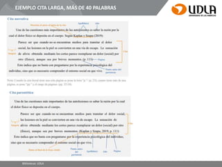 EJEMPLO CITA LARGA, MÁS DE 40 PALABRAS
Bibliotecas UDLA
 