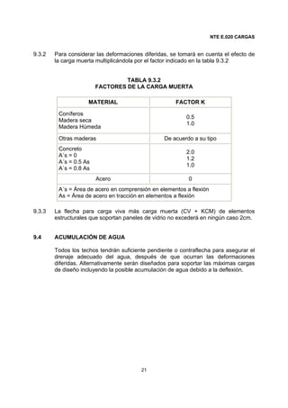 NTE E.020 CARGAS
21
9.3.2 Para considerar las deformaciones diferidas, se tomará en cuenta el efecto de
la carga muerta multiplicándola por el factor indicado en la tabla 9.3.2
TABLA 9.3.2
FACTORES DE LA CARGA MUERTA
MATERIAL FACTOR K
Coníferos
Madera seca
Madera Húmeda
0.5
1.0
Otras maderas De acuerdo a su tipo
Concreto
A´s = 0
A´s = 0.5 As
A´s = 0.8 As
2.0
1.2
1.0
Acero 0
A´s = Área de acero en comprensión en elementos a flexión
As = Área de acero en tracción en elementos a flexión
9.3.3 La flecha para carga viva más carga muerta (CV + KCM) de elementos
estructurales que soportan paneles de vidrio no excederá en ningún caso 2cm.
9.4 ACUMULACIÓN DE AGUA
Todos los techos tendrán suficiente pendiente o contraflecha para asegurar el
drenaje adecuado del agua, después de que ocurran las deformaciones
diferidas. Alternativamente serán diseñados para soportar las máximas cargas
de diseño incluyendo la posible acumulación de agua debido a la deflexión.
 
