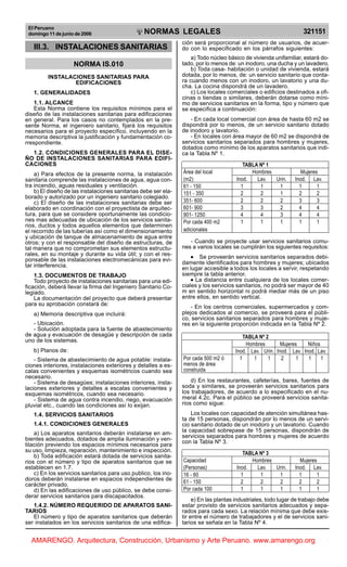 El Peruano
domingo 11 de junio de 2006 321151NORMAS LEGALES
RE
P UB L
IC A DEL P E
R U
III.3. INSTALACIONES SANITARIAS
NORMA IS.010
INSTALACIONES SANITARIAS PARA
EDIFICACIONES
1. GENERALIDADES
1.1. ALCANCE
Esta Norma contiene los requisitos mínimos para el
diseño de las instalaciones sanitarias para edificaciones
en general. Para los casos no contemplados en la pre-
sente Norma, el ingeniero sanitario, fijará los requisitos
necesarios para el proyecto específico, incluyendo en la
memoria descriptiva la justificación y fundamentación co-
rrespondiente.
1.2. CONDICIONES GENERALES PARA EL DISE-
ÑO DE INSTALACIONES SANITARIAS PARA EDIFI-
CACIONES
a) Para efectos de la presente norma, la instalación
sanitaria comprende las instalaciones de agua, agua con-
tra incendio, aguas residuales y ventilación.
b) El diseño de las instalaciones sanitarias debe ser ela-
borado y autorizado por un ingeniero sanitario colegiado.
c) El diseño de las instalaciones sanitarias debe ser
elaborado en coordinación con el proyectista de arquitec-
tura, para que se considere oportunamente las condicio-
nes mas adecuadas de ubicación de los servicios sanita-
rios, ductos y todos aquellos elementos que determinen
el recorrido de las tuberías así como el dimensionamiento
y ubicación de tanque de almacenamiento de agua entre
otros; y con el responsable del diseño de estructuras, de
tal manera que no comprometan sus elementos estructu-
rales, en su montaje y durante su vida útil; y con el res-
ponsable de las instalaciones electromecánicas para evi-
tar interferencia.
1.3. DOCUMENTOS DE TRABAJO
Todo proyecto de instalaciones sanitarias para una edi-
ficación, deberá llevar la firma del Ingeniero Sanitario Co-
legiado.
La documentación del proyecto que deberá presentar
para su aprobación constará de:
a) Memoria descriptiva que incluirá:
- Ubicación.
- Solución adoptada para la fuente de abastecimiento
de agua y evacuación de desagüe y descripción de cada
uno de los sistemas.
b) Planos de:
- Sistema de abastecimiento de agua potable: instala-
ciones interiores, instalaciones exteriores y detalles a es-
calas convenientes y esquemas isométricos cuando sea
necesario.
- Sistema de desagües; instalaciones interiores, insta-
laciones exteriores y detalles a escalas convenientes y
esquemas isométricos, cuando sea necesario.
- Sistema de agua contra incendio, riego, evacuación
pluvial etc., cuando las condiciones así lo exijan.
1.4. SERVICIOS SANITARIOS
1.4.1. CONDICIONES GENERALES
a) Los aparatos sanitarios deberán instalarse en am-
bientes adecuados, dotados de amplia iluminación y ven-
tilación previendo los espacios mínimos necesarios para
su uso, limpieza, reparación, mantenimiento e inspección.
b) Toda edificación estará dotada de servicios sanita-
rios con el número y tipo de aparatos sanitarios que se
establecen en 1.7.
c) En los servicios sanitarios para uso publico, los ino-
doros deberán instalarse en espacios independientes de
carácter privado.
d) En las edificaciones de uso público, se debe consi-
derar servicios sanitarios para discapacitados.
1.4.2. NÚMERO REQUERIDO DE APARATOS SANI-
TARIOS
El número y tipo de aparatos sanitarios que deberán
ser instalados en los servicios sanitarios de una edifica-
ción será proporcional al número de usuarios, de acuer-
do con lo especificado en los párrafos siguientes:
a) Todo núcleo básico de vivienda unifamiliar, estará do-
tado, por lo menos de: un inodoro, una ducha y un lavadero.
b) Toda casa- habitación o unidad de vivienda, estará
dotada, por lo menos, de: un servicio sanitario que conta-
ra cuando menos con un inodoro, un lavatorio y una du-
cha. La cocina dispondrá de un lavadero.
c) Los locales comerciales o edificios destinados a ofi-
cinas o tiendas o similares, deberán dotarse como míni-
mo de servicios sanitarios en la forma, tipo y número que
se especifica a continuación:
- En cada local comercial con área de hasta 60 m2 se
dispondrá por lo menos, de un servicio sanitario dotado
de inodoro y lavatorio.
- En locales con área mayor de 60 m2 se dispondrá de
servicios sanitarios separados para hombres y mujeres,
dotados como mínimo de los aparatos sanitarios que indi-
ca la Tabla Nº 1.
TABLA Nº 1
Área del local Hombres Mujeres
(m2) Inod. Lav. Urin. Inod. Lav.
61 - 150 1 1 1 1 1
151 - 350 2 2 1 2 2
351- 600 2 2 2 3 3
601- 900 3 3 2 4 4
901- 1250 4 4 3 4 4
Por cada 400 m2 1 1 1 1 1
adicionales
- Cuando se proyecte usar servicios sanitarios comu-
nes a varios locales se cumplirán los siguientes requisitos:
•••••Se proveerán servicios sanitarios separados debi-
damente identificados para hombres y mujeres; ubicados
en lugar accesible a todos los locales a servir, respetando
siempre la tabla anterior.
••••• La distancia entre cualquiera de los locales comer-
ciales y los servicios sanitarios, no podrá ser mayor de 40
m en sentido horizontal ni podrá mediar más de un piso
entre ellos, en sentido vertical.
- En los centros comerciales, supermercados y com-
plejos dedicados al comercio, se proveerá para el públi-
co, servicios sanitarios separados para hombres y muje-
res en la siguiente proporción indicada en la Tabla Nº 2.
TABLA Nº 2
Hombres Mujeres Niños
Inod. Lav. Urin. Inod. Lav. Inod. Lav.
Por cada 500 m2 ó 1 1 1 2 1 1 1
menos de área
construida
d) En los restaurantes, cafeterías, bares, fuentes de
soda y similares, se proveerán servicios sanitarios para
los trabajadores, de acuerdo a lo especificado en el nu-
meral 4.2c. Para el público se proveerá servicios sanita-
rios como sigue:
Los locales con capacidad de atención simultánea has-
ta de 15 personas, dispondrán por lo menos de un servi-
cio sanitario dotado de un inodoro y un lavatorio. Cuando
la capacidad sobrepase de 15 personas, dispondrán de
servicios separados para hombres y mujeres de acuerdo
con la Tabla Nº 3.
TABLA Nº 3
Capacidad Hombres Mujeres
(Personas) Inod. Lav. Urin. Inod. Lav.
16 - 60 1 1 1 1 1
61 - 150 2 2 2 2 2
Por cada 100 1 1 1 1 1
e) En las plantas industriales, todo lugar de trabajo debe
estar provisto de servicios sanitarios adecuados y sepa-
rados para cada sexo. La relación mínima que debe exis-
tir entre el número de trabajadores y el de servicios sani-
tarios se señala en la Tabla Nº 4.
AMARENGO. Arquitectura, Construcción, Urbanismo y Arte Peruano. www.amarengo.org
 