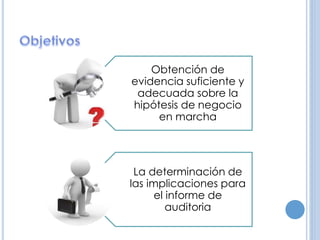 Obtención de
evidencia suficiente y
adecuada sobre la
hipótesis de negocio
en marcha
La determinación de
las implicaciones para
el informe de
auditoria
 