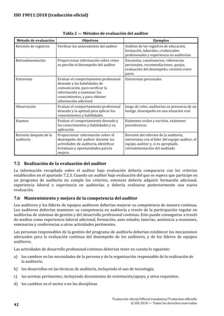 ISO 19011:2018 (traducción oficial)
Traducción oficial/Official translation/Traductionofficielle
© ISO 2018 — Todos los derechosreservados42
Tabla 2 — Métodos de evaluación del auditor
Método de evaluación Objetivos Ejemplos
Revisión de registros Verificar los antecedentes del auditor Análisis de los registros de educación,
formación, laborales, credenciales
profesionales y experiencia en auditorías
Retroalimentación Proporcionar información sobre cómo
se percibe el desempeño del auditor
Encuestas, cuestionarios, referencias
personales, recomendaciones, quejas,
evaluación del desempeño, revisión entre
pares
Entrevista Evaluar el comportamiento profesional
deseado y las habilidades de
comunicación, para verificar la
información y examinar los
conocimientos, y para obtener
información adicional
Entrevistas personales
Observación Evaluar el comportamiento profesional
deseado y la aptitud para aplicar los
conocimientos y habilidades
Juego de roles, auditorías en presencia de un
testigo, desempeño en una situación real
Examen Evaluar el comportamiento deseado y
los conocimientos y habilidades y su
aplicación
Exámenes orales y escritos, exámenes
psicotécnicos
Revisión después de la
auditoría
Proporcionar información sobre el
desempeño del auditor durante las
actividades de auditoría, identificar
fortalezas y oportunidades para la
mejora
Revisión del informe de la auditoría,
entrevistas con el líder del equipo auditor, el
equipo auditor y, si es apropiado,
retroalimentación del auditado
7.5 Realización de la evaluación del auditor
La información recopilada sobre el auditor bajo evaluación debería compararse con los criterios
establecidos en el apartado 7.2.3. Cuando un auditor bajo evaluación del que se espera que participe en
un programa de auditoría no cumple los criterios, entonces debería adquirir formación adicional,
experiencia laboral o experiencia en auditorías, y debería realizarse posteriormente una nueva
evaluación.
7.6 Mantenimiento y mejora de la competencia del auditor
Los auditores y los líderes de equipos auditores deberían mejorar su competencia de manera continua.
Los auditores deberían mantener su competencia en auditoría a través de la participación regular en
auditorías de sistemas de gestión y del desarrollo profesional continuo. Esto puede conseguirse a través
de medios como experiencia laboral adicional, formación, auto estudio, tutorías, asistencia a reuniones,
seminarios y conferencias u otras actividades pertinentes.
Las personas responsables de la gestión del programa de auditoría deberían establecer los mecanismos
adecuados para la evaluación continua del desempeño de los auditores, y de los líderes de equipos
auditores.
Las actividades de desarrollo profesional continuo deberían tener en cuenta lo siguiente:
a) los cambios en las necesidades de la persona y de la organización responsable de la realización de
la auditoría;
b) los desarrollos en las técnicas de auditoría, incluyendo el uso de tecnología;
c) las normas pertinentes, incluyendo documentos de orientación/apoyo, y otros requisitos;
d) los cambios en el sector o en las disciplinas.
 