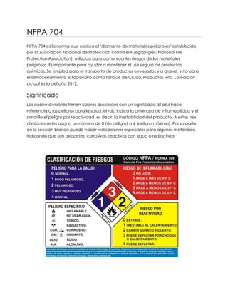 NFPA 704
NFPA 704 es la norma que explica el "diamante de materiales peligrosos" establecido
por la Asociación Nacional de Protección contra el Fuego(inglés: National Fire
Protection Association), utilizado para comunicar los riesgos de los materiales
peligrosos. Es importante para ayudar a mantener el uso seguro de productos
químicos. Se emplea para el transporte de productos envasados y a granel, y no para
el almacenamiento estacionario como tanque de Crudo, Productos, etc. La edición
actual es la del año 2012.
Significado
Las cuatro divisiones tienen colores asociados con un significado. El azul hace
referencia a los peligros para la salud, el rojo indica la amenaza de inflamabilidad y el
amarillo el peligro por reactividad: es decir, la inestabilidad del producto. A estas tres
divisiones se les asigna un número de 0 (sin peligro) a 4 (peligro máximo). Por su parte,
en la sección blanca puede haber indicaciones especiales para algunos materiales,
indicando que son oxidantes, corrosivos, reactivos con agua o radiactivos.
 