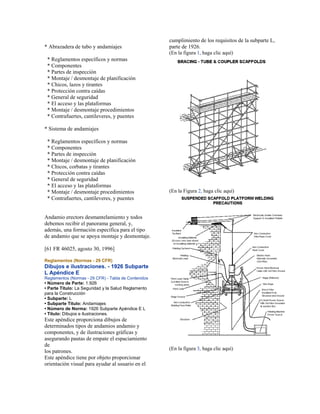 * Abrazadera de tubo y andamiajes
* Reglamentos específicos y normas
* Componentes
* Partes de inspección
* Montaje / desmontaje de planificación
* Chicos, lazos y tirantes
* Protección contra caídas
* General de seguridad
* El acceso y las plataformas
* Montaje / desmontaje procedimientos
* Contrafuertes, cantileveres, y puentes
* Sistema de andamiajes
* Reglamentos específicos y normas
* Componentes
* Partes de inspección
* Montaje / desmontaje de planificación
* Chicos, corbatas y tirantes
* Protección contra caídas
* General de seguridad
* El acceso y las plataformas
* Montaje / desmontaje procedimientos
* Contrafuertes, cantileveres, y puentes
Andamio erectors desmantelamiento y todos
debemos recibir el panorama general, y,
además, una formación específica para el tipo
de andamio que se apoya montaje y desmontaje.
[61 FR 46025, agosto 30, 1996]
Reglamentos (Normas - 29 CFR)
Dibujos e ilustraciones. - 1926 Subparte
L Apéndice E
Reglamentos (Normas - 29 CFR) - Tabla de Contenidos
• Número de Parte: 1.926
• Parte Título: La Seguridad y la Salud Reglamento
para la Construcción
• Subparte: L
• Subparte Título: Andamiajes
• Número de Norma: 1926 Subparte Apéndice E L
• Título: Dibujos e ilustraciones.
Este apéndice proporciona dibujos de
determinados tipos de andamios andamio y
componentes, y de ilustraciones gráficas y
asegurando pautas de empate el espaciamiento
de
los patrones.
Este apéndice tiene por objeto proporcionar
orientación visual para ayudar al usuario en el
cumplimiento de los requisitos de la subparte L,
parte de 1926.
(En la figura 1, haga clic aquí)
(En la Figura 2, haga clic aquí)
(En la figura 3, haga clic aquí)
 