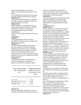 utilizan como puntos de acceso (como
ladderways), que deberá estar provisto de una
puerta,
o ser compensados de manera que una persona
no puede caminar directamente en el agujero.
1926,502 (b) (14)
Sistemas de barandas de protección utilizados
en rampas y pistas de aterrizaje, se erigió a lo
largo de cada lado o sin borde.
1926,502 (b) (15)
Manila, de plástico o cuerda sintética que se
utiliza para las barandas superiores o midrails
serán inspeccionados con la frecuencia
necesaria para garantizar que continúa
cumpliendo los
requisitos de fuerza del apartado (b) (3) de esta
sección.
.. 1926,502 (c)
1926,502 (c)
"Red de seguridad de sistemas". Red de
seguridad de sistemas y su uso se ajustará a las
siguientes disposiciones:
1926,502 (c) (1)
Las redes de seguridad deberán instalarse lo
más cerca posible en el marco del caminar /
superficie de trabajo en el que los empleados
están trabajando, pero en ningún caso más de
30 pies (9,1 m) por debajo de dicho nivel.
Cuando las redes se utilizan en puentes, la caída
potencial de la zona a pie / superficie de trabajo
de la red será libre.
1926,502 (c) (2)
Las redes de seguridad se extenderá hacia el
exterior de la proyección exterior de la
superficie de trabajo de la siguiente manera:
conformidad con el párrafo (c) (3) de esta
sección y la firma de la persona que la
1926,502 (c) (3)
Redes de seguridad se instalarán con espacio
suficiente en virtud de los mismos para evitar el
contacto con la superficie o debajo de las
estructuras cuando se someta a una fuerza de
choque igual a la prueba de caída especificados
en el párrafo (c) (4) de esta sección.
1926,502 (c) (4)
Las redes de seguridad y sus instalaciones serán
capaces de absorber una fuerza de choque
igual a la producida por la prueba de caída
especificados en el párrafo (c) (4) (i) de esta
sección.
.. 1926,502 (c) (4) (i)
1926,502 (c) (4) (i)
Salvo lo dispuesto en el párrafo (c) (4) (ii) de
esta sección, las redes de seguridad y red de
seguridad las instalaciones deberán ser a prueba
de caída en la obra después de la instalación
inicial y antes de ser utilizado como un sistema
de protección contra caídas, cuando se
trasladó, después de grandes reparación, y en 6
meses si se dejan en un solo lugar. El
descenso a la prueba estará compuesta por un
400 libras (180 kg) bolsa de arena o 30 + - 2
pulgadas (76 + o - 5 cm) de diámetro cayó en la
red desde el más alto caminar / superficie de
trabajo en el que los empleados están expuestos
a riesgos de caída, pero no de menos de 42
pulgadas (1,1 m) por encima de ese nivel.
1926,502 (c) (4) (ii)
Cuando el empleador puede demostrar que no
es razonable para llevar a cabo la reducción a
la prueba exigida por el párrafo (c) (4) (i) de
esta sección, el empleador (o una persona
competente designada) deberá certificar que la
red y de instalación de red está en el
cumplimiento de las disposiciones de los
párrafos (c) (3) y (c) (4) (i) de esta sección
mediante
la elaboración de un registro de certificación
antes de que la red se utilice como un sistema
de
protección contra caídas. La certificación de
registro deben incluir una identificación de la
red y la red de instalación a la que la
certificación de registro se está preparando; la
fecha en
que se determinó que el identificado en cifras
netas y netas fueron de instalación de
determinación y certificación. La más reciente
certificación de registro para cada una de las
redes y la instalación de red estarán disponibles
en la obra para su inspección.
1926,502 (c) (5)
 