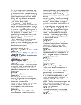 (4,6 m). Si formas u otras estructuras se han
instalado o construido en una excavación a fin
de reducir la dimensión medida a partir de las
formas o estructura al lado de la excavación de
15 pies (4,6 m) o menos (medido en la parte
inferior de la excavación), el excavación se
considera también una trinchera.
"Fosa de caja". Véase "Shield.
"Fosa de escudo". Véase el "Escudo".
"Montantes", la vertical de los miembros de un
sistema de apuntalamiento trinchera puesto en
contacto con la tierra y por lo general situados
de forma que cada uno de sus miembros no en
contacto entre sí. Postes colocados de manera
que cada uno de sus miembros están
estrechamente espaciados, en contacto con el o
interconectados entre sí, son a menudo
llamados "láminas".
"Gales" se entiende horizontal miembros de
apuntalar un sistema que paralelo a la
excavación frente a cuyos lados tener en contra
de la vertical miembros del sistema de
apuntalamiento o de la tierra.
Reglamentos (Normas - 29 CFR)
Requisitos específicos de la excavación.
- 1926,651
Reglamentos (Normas - 29 CFR) - Tabla de Contenidos
• Número de Parte: 1926
• Parte Título: La Seguridad y la Salud Reglamento
para la Construcción
• Subparte: P
• Subparte Título: Excavaciones
• Número de Norma: 1926.651
• Título: Requisitos específicos de la excavación.
1926,651 (a)
Superficie gravámenes. Todas las afectaciones
de superficie que se encuentran a fin de crear
un peligro a los empleados deberá retirarse o
apoyo, según sea necesario, para salvaguardar
los empleados.
1926,651 (b)
Instalaciones subterráneas.
1926,651 (b) (1)
Se estima que la ubicación de servicios
públicos, tales como alcantarillado, teléfono,
combustible, electricidad, agua, o cualquier otro
instalaciones subterráneas que
razonablemente cabe esperar que se produzcan
durante los trabajos de excavación, se
determinará antes de la apertura de una
excavación.
1926,651 (b) (2)
Las empresas de servicios públicos o los
propietarios serán contactados dentro de la
costumbre o los tiempos de respuesta local, con
el asesoramiento de la propuesta de trabajo, y
pidió a establecer la ubicación de las
instalaciones subterráneas de utilidad antes del
inicio de
la actual excavación. Cuando las empresas de
servicios públicos o los propietarios no pueden
responder a una solicitud para localizar las
instalaciones subterráneas de utilidad dentro de
las
24 horas (a menos que un período más largo es
requerido por el estado o la ley local), o no
puede establecer la ubicación exacta de estas
instalaciones, el empleador podrá proceder,
siempre y cuando el empleador lo haga con
precaución, y siempre equipo de detección o
otros medios aceptables utilidad para localizar
las instalaciones se utilizan.
.. 1926,651 (b) (3)
1926,651 (b) (3)
Cuando la excavación de operaciones la
estimación de la localización de instalaciones
subterráneas, la ubicación exacta de las
instalaciones será determinado por seguro y
aceptable.
1926,651 (b) (4)
Si bien la excavación está abierta, instalaciones
subterráneas deberán estar protegidas, con el
apoyo o eliminado, según sea necesario para
salvaguardar los empleados.
1926,651 (c)
Acceso y salida --
1926,651 (c) (1)
Estructurales rampas.
1926,651 (c) (1) (i)
Rampas estructurales que se utilizan
exclusivamente por los empleados como un
medio de
acceso o salida de las excavaciones deberá ser
diseñado por una persona competente.
Estructural utilizado rampas de acceso o salida
de los equipos deberá ser diseñado por una
persona calificada en diseño estructural, y se
construirán de acuerdo con el diseño.
1926,651 (c) (1) (ii)
Rampas y pistas de aterrizaje construidas de dos
o más miembros estructurales tendrán los
miembros estructurales conectados entre sí para
prevenir el desplazamiento.
1926,651 (c) (1) (iii)
Los miembros estructurales utilizados para
rampas y pistas de aterrizaje serán de espesor
uniforme.
1926,651 (c) (1) (iv)
 