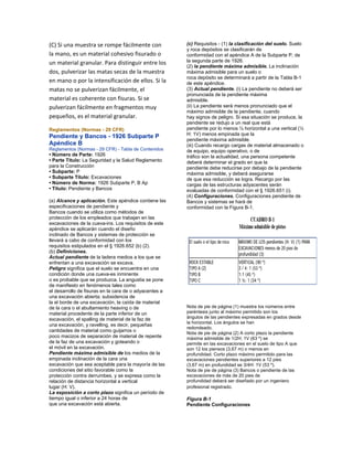 (C) Si una muestra se rompe fácilmente con
la mano, es un material cohesivo fisurado o
un material granular. Para distinguir entre los
dos, pulverizar las matas secas de la muestra
en mano o por la intensificación de ellos. Si la
matas no se pulverizan fácilmente, el
material es coherente con fisuras. Si se
pulverizan fácilmente en fragmentos muy
pequeños, es el material granular.
Reglamentos (Normas - 29 CFR)
Pendiente y Bancos - 1926 Subparte P
Apéndice B
Reglamentos (Normas - 29 CFR) - Tabla de Contenidos
• Número de Parte: 1926
• Parte Título: La Seguridad y la Salud Reglamento
para la Construcción
• Subparte: P
• Subparte Título: Excavaciones
• Número de Norma: 1926 Subparte P, B Ap
• Título: Pendiente y Bancos
(a) Alcance y aplicación. Este apéndice contiene las
especificaciones de pendiente y
Bancos cuando se utiliza como métodos de
protección de los empleados que trabajan en las
excavaciones de la cueva-ins. Los requisitos de este
apéndice se aplicarán cuando el diseño
inclinado de Bancos y sistemas de protección se
llevará a cabo de conformidad con los
requisitos estipulados en el § 1926.652 (b) (2).
(b) Definiciones.
Actual pendiente de la ladera medios a los que se
enfrentan a una excavación se excava.
Peligro significa que el suelo se encuentra en una
condición donde una cueva-es inminente
o es probable que se produzca. La angustia se pone
de manifiesto en fenómenos tales como
el desarrollo de fisuras en la cara de o adyacentes a
una excavación abierta; subsidencia de
la el borde de una excavación, la caída de material
de la cara o el abultamiento heaving o de
material procedente de la parte inferior de un
excavación, el spalling de material de la faz de
una excavación, y ravelling, es decir, pequeñas
cantidades de material como guijarros o
poco macizos de separación de material de repente
de la faz de una excavación y goteando o
el móvil en la excavación.
Pendiente máxima admisible de los medios de la
empinada inclinación de la cara una
excavación que sea aceptable para la mayoría de las
condiciones del sitio favorable como la
protección contra derrumbes, y se expresa como la
relación de distancia horizontal a vertical
lugar (H: V).
La exposición a corto plazo significa un período de
tiempo igual o inferior a 24 horas de
que una excavación está abierta.
(c) Requisitos - (1) la clasificación del suelo. Suelo
y roca depósitos se clasificarán de
conformidad con el apéndice A de la Subparte P, de
la segunda parte de 1926.
(2) la pendiente máxima admisible. La inclinación
máxima admisible para un suelo o
roca depósito se determinará a partir de la Tabla B-1
de este apéndice.
(3) Actual pendiente. (i) La pendiente no deberá ser
pronunciada de la pendiente máxima
admisible.
(ii) La pendiente será menos pronunciado que el
máximo admisible de la pendiente, cuando
hay signos de peligro. Si esa situación se produce, la
pendiente se redujo a un real que está
pendiente por lo menos ½ horizontal a una vertical (½
H: 1V) menos empinada que la
pendiente máxima admisible.
(iii) Cuando recargo cargas de material almacenado o
de equipo, equipo operativo, o de
tráfico son la actualidad, una persona competente
deberá determinar el grado en que la
pendiente debe reducirse por debajo de la pendiente
máxima admisible, y deberá asegurarse
de que esa reducción se logra. Recargo por las
cargas de las estructuras adyacentes serán
evaluadas de conformidad con el § 1926.651 (i).
(4) Configuraciones. Configuraciones pendiente de
Bancos y sistemas se hará de
conformidad con la Figura B-1.
Nota de pie de página (1) muestra los números entre
paréntesis junto al máximo permitido son los
ángulos de las pendientes expresadas en grados desde
la horizontal. Los ángulos se han
redondeado.
Nota de pie de página (2) A corto plazo la pendiente
máxima admisible de 1/2H: 1V (63 º) se
permite en las excavaciones en el suelo de tipo A que
son 12 los piensos (3,67 m) o menos en
profundidad. Corto plazo máximo permitido para las
excavaciones pendientes superiores a 12 pies
(3,67 m) en profundidad se 3/4H: 1V (53 º).
Nota de pie de página (3) Bancos o pendiente de las
excavaciones de más de 20 pies de
profundidad deberá ser diseñado por un ingeniero
profesional registrado.
Figura B-1
Pendiente Configuraciones
 