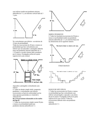 cara inferior tendrá una pendiente máxima
admisible de 1:1 y un máximo vertical lado de 3
½ pies.
No verticalmente cara inferior - un máximo de
12 pies de profundidad)
Todas las excavaciones de 20 pies o menos en
profundidad que han verticalmente cara
inferior que son apoyados o protegidos deberán
tener una pendiente máxima admisible de ¾:
1. El apoyo o escudo sistema debe extenderse
por lo menos 18 pulgadas arriba de la parte
superior de la cara vertical.
Apoyados o protegidos verticalmente cara
inferior
4. Todas las demás simple talud, compuesto
pendiente, y verticalmente cara inferior
excavaciones se hará de conformidad con las
otras opciones permitidas en virtud del §
1926.652 (b).
B-1.2 Excavaciones alcanzados en los suelos
del tipo B
1. Todas las excavaciones simple cuesta 20 pies
o menos en profundidad tendrá una
pendiente máxima admisible de 1:1.
SIMPLE PENDIENTE
2. Todos los benched excavaciones de 20 pies o
menos en profundidad tendrá una pendiente
máxima admisible de 1:1 y la máxima banco de
las dimensiones de la siguiente manera:
ÚNICO BANCO
BANCO DE MÚLTIPLES
3. Todas las excavaciones de 20 pies o menos
en profundidad que han verticalmente cara
inferior será protegido o apoyado a una altura
de por lo menos 18 pulgadas arriba de la parte
superior de la cara vertical. Todas las
excavaciones deberán tener una pendiente
máxima
admisible de 1:1.
 
