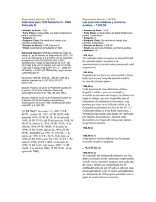 Reglamentos (Normas - 29 CFR)
Autoridad para 1926 Subparte D - 1926
Subparte D
• Número de Parte: 1.926
• Parte Título: La Seguridad y la Salud Reglamento
para la Construcción
• Subparte: D
• Subparte Título: De salud en el trabajo y los
controles ambientales
• Número de Norma: 1926 Subparte D
• Título: Autoridad de la Subparte D 1926
Autoridad: Sección 3704 del contrato las horas de
trabajo y Ley de Normas de Seguridad (40 USC 3701
y ss.); Las Secciones 4, 6 y 8 de la Ley de seguridad
e higiene de 1970 (29 USC 653, 655, y 657);
Secretario de Trabajo de las órdenes de 12-71 (36
FR 8754), 8-76 (41 FR 25059), 9-83 (48 FR 35736),
1-90 (55 FR 9033), 6-96 (62 FR 111), 3 -- 2000 (62
FR 50017), o 5,2002 (67 FR 650008); según el caso;
y 29 CFR parte 11.
Secciones 1926.58, 1926.59, 1926.60, 1926.65 y
también menores de 5 USC 553 y 29 CFR
parte 1911.
Sección 1926.62, de 29 de CFR también publicó en
la sección 1031 de la Vivienda y Desarrollo
Comunitario de la Ley de 1992 (42 USC 4853).
Sección 1926.65, de 29 de CFR también publicó en
la sección 126 de la Superfund enmiendas y
reautorización de la Ley 1986, modificada (29 USC
nota 655), y 5 USC 553.
[55 FR 50687, diciembre 10, 1990; 57 FR
49272, octubre 30, 1992; 58 FR 26627, 4 de
mayo de 1993; 58 FR 34218, 24 de junio de
1993; 58 FR 35310, del 30 de junio de 1993; 59
FR 6170, febrero 9, 1994; 59 FR 17479, 13 de
abril de 1994; 59 FR 36695, 19 de julio de
1994; 59 FR 43268, agosto 22, 1994; 59 FR
65947, diciembre 22, 1994; 61 FR 9227, 7 de
marzo de 1996; 61 FR 31427, 20 de junio de
1996; 62 FR 1493, enero 10, 1997; 63 FR 1152,
enero 8, 1998; 63 FR 33450, 18 de junio de
1998; 70 FR 1143, 5 de enero , 2005; 71 FR
16674, 3 de abril de 2006; 71 FR 50191, 24 de
agosto de 2006]
Reglamentos (Normas - 29 CFR)
Los servicios médicos y primeros
auxilios. - 1.926,50
• Número de Parte: 1.926
• Parte Título: La Seguridad y la Salud Reglamento
para la Construcción
• Subparte: D
• Subparte Título: De salud en el trabajo y los
controles ambientales
• Número de Norma: 1.926,50
• Título: Los servicios médicos y primeros auxilios.
• Apéndice: Un
1926,50 (a)
El empleador deberá asegurar la disponibilidad
de personal médico en materia de
asesoramiento y consulta sobre asuntos de salud
ocupacional.
1926,50 (b)
Disposiciones se hará con anterioridad al inicio
del proyecto para la rápida atención médica
en caso de lesiones graves.
1926,50 (c)
En la ausencia de una enfermería, clínica,
hospital o médico, que sea razonable y
accesible en términos de tiempo y la distancia al
lugar de trabajo, que está disponible para el
tratamiento de trabajadores lesionados, una
persona que tiene un certificado válido en la
formación en primeros auxilios de los EE.UU.
Oficina de Minas, la Cruz Roja Americana, o
formación equivalente que pueda ser verificada
por pruebas documentales, deberán estar
disponibles en el lugar de trabajo para prestar
los primeros auxilios.
1926,50 (d)
--
1926,50 (d) (1)
De primeros auxilios deberán ser fácilmente
accesible cuando se requiere.
.. 1926,50 (d) (2)
1926,50 (d) (2)
El contenido del botiquín de primeros auxilios
deberá colocarse en un contenedor impermeable
sellado con los distintos paquetes para cada tipo
de tema, y deberá ser comprobada por el
empleador antes de ser enviados a cabo en cada
puesto de trabajo y por lo menos semanalmente
en cada puesto de trabajo para garantizar que el
gasto se sustituirán los elementos.
 
