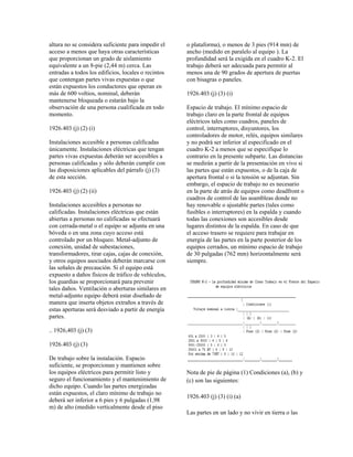 altura no se considera suficiente para impedir el
acceso a menos que haya otras características
que proporcionan un grado de aislamiento
equivalente a un 8-pie (2,44 m) cerca. Las
entradas a todos los edificios, locales o recintos
que contengan partes vivas expuestas o que
están expuestos los conductores que operan en
más de 600 voltios, nominal, deberán
mantenerse bloqueada o estarán bajo la
observación de una persona cualificada en todo
momento.
1926.403 (j) (2) (i)
Instalaciones accesible a personas calificadas
únicamente. Instalaciones eléctricas que tengan
partes vivas expuestas deberán ser accesibles a
personas calificadas y sólo deberán cumplir con
las disposiciones aplicables del párrafo (j) (3)
de esta sección.
1926.403 (j) (2) (ii)
Instalaciones accesibles a personas no
calificadas. Instalaciones eléctricas que están
abiertas a personas no calificadas se efectuará
con cerrada-metal o el equipo se adjunta en una
bóveda o en una zona cuyo acceso está
controlado por un bloqueo. Metal-adjunto de
conexión, unidad de subestaciones,
transformadores, tirar cajas, cajas de conexión,
y otros equipos asociados deberán marcarse con
las señales de precaución. Si el equipo está
expuesto a daños físicos de tráfico de vehículos,
los guardias se proporcionará para prevenir
tales daños. Ventilación o aberturas similares en
metal-adjunto equipo deberá estar diseñado de
manera que inserta objetos extraños a través de
estas aperturas será desviado a partir de energía
partes.
.. 1926,403 (j) (3)
1926.403 (j) (3)
De trabajo sobre la instalación. Espacio
suficiente, se proporcionan y mantienen sobre
los equipos eléctricos para permitir listo y
seguro el funcionamiento y el mantenimiento de
dicho equipo. Cuando las partes energizadas
están expuestos, el claro mínimo de trabajo no
deberá ser inferior a 6 pies y 6 pulgadas (1,98
m) de alto (medido verticalmente desde el piso
o plataforma), o menos de 3 pies (914 mm) de
ancho (medido en paralelo al equipo ). La
profundidad será la exigida en el cuadro K-2. El
trabajo deberá ser adecuada para permitir al
menos una de 90 grados de apertura de puertas
con bisagras o paneles.
1926.403 (j) (3) (i)
Espacio de trabajo. El mínimo espacio de
trabajo claro en la parte frontal de equipos
eléctricos tales como cuadros, paneles de
control, interruptores, disyuntores, los
controladores de motor, relés, equipos similares
y no podrá ser inferior al especificado en el
cuadro K-2 a menos que se especifique lo
contrario en la presente subparte. Las distancias
se medirán a partir de la presentación en vivo si
las partes que están expuestos, o de la caja de
apertura frontal o si la tensión se adjuntan. Sin
embargo, el espacio de trabajo no es necesario
en la parte de atrás de equipos como deadfront o
cuadros de control de las asambleas donde no
hay renovable o ajustable partes (tales como
fusibles o interruptores) en la espalda y cuando
todas las conexiones son accesibles desde
lugares distintos de la espalda. En caso de que
el acceso trasero se requiere para trabajar en
energía de las partes en la parte posterior de los
equipos cerrados, un mínimo espacio de trabajo
de 30 pulgadas (762 mm) horizontalmente será
siempre.
Nota de pie de página (1) Condiciones (a), (b) y
(c) son las siguientes:
1926.403 (j) (3) (i) (a)
Las partes en un lado y no vivir en tierra o las
 