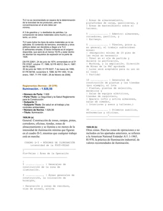 TLV no es recomendado en espera de la determinación
de la toxicidad de los productos, pero las
concentraciones en el aire debe ser
mínimo.
A 3 de gasolina y / o destilados de petróleo. La
composición de estos materiales varía mucho y, por
tanto, un único
TLV para todos los tipos de estos materiales ya no es
aplicable. El contenido de benceno, aromáticos y otros
aditivos deben ser decididos a llegar a la TLV.
E asfixiantes simples. El factor limitante es el oxígeno
disponible, que será de al menos 19,5% y estar dentro
de abordar los requisitos de explosión en la parte de
1926.
[39 FR 22801, 24 de junio de 1974, enmendado en el 51
FR 37007, octubre 17, 1986; 52 FR 46312, Dec 4, 1987;
58 FR 35089,
30 de junio de 1993; 61 FR 9227, 7 de marzo de 1996;
61 FR 56746, noviembre 4, 1996; 62 FR 1493, 10 de
enero, 1997, 71 FR 10381, 28 de febrero de 2006]
Reglamentos (Normas - 29 CFR)
Iluminación. - 1.926,56
• Número de Parte: 1.926
• Parte Título: La Seguridad y la Salud Reglamento
para la Construcción
• Subparte: D
• Subparte Título: De salud en el trabajo y los
controles ambientales
• Número de Norma: 1.926,56
• Título: Iluminación.
1926,56 (a)
General. Construcción de zonas, rampas, pistas,
corredores, oficinas, tiendas, zonas de
almacenamiento y se ilumina a no menos de la
intensidad de iluminación mínima que figuran
en el cuadro D-3, mientras que cualquier trabajo
está en marcha:
CUADRO D-3 - MÍNIMOS DE ILUMINACIÓN
intensidad de la FOOT-VELAS
_____________________________________
|
Pie-Velas | Área de la Operación
_______________________________
|
5 ............. | Generales de
construcción de la zona de
iluminación.
3 ............. | Áreas generales de
construcción, la colocación de
hormigón,
| Excavación y zonas de residuos,
vías de acceso, activa
| Áreas de almacenamiento,
plataformas de carga, gasolineras, y
| Áreas de mantenimiento sobre el
terreno.
5 ............. | Adentro: almacenes,
corredores, pasillos, y
| Exitways.
5 ............. | Túneles, pozos y,
en general, el trabajo subterráneo
áreas:
| (Excepción: mínimo de 10 pies de
las velas es necesario
| Túnel en el eje de partida y
durante la perforación,
| Mucking, y la ampliación. Dirección
de Minas de la PAC aprobada
| Luces será aceptable para su uso en
el túnel
| Partida)
10 ............ | Generales de
construcción de plantas y las tiendas
(por ejemplo, el lote
| Plantas, plantas de selección,
mecánicos y
| Salas de equipos eléctricos,
tiendas de carpintero,
| Aparejo lofts y activa almacenes,
salas de comedor,
| Interiores y aseos y talleres.)
30 ............ | Primeros auxilios,
enfermerías y oficinas.
_______________|_____________________
_______________________________
1926,56 (b)
Otras zonas. Para las zonas de operaciones o no
incluidos en los apartados anteriores, se refieren
a la American National Estándar A11.1-1965,
R1970, la práctica de Iluminación industrial, de
valores recomendados de iluminación.
 