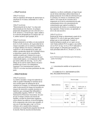 .. 1926,57 (i) (2) (i)
1926,57 (i) (2) (i)
Abrir la superficie del tanque de operaciones se
clasifican en 16 clases, numeradas A-1 a D-4,
inclusive.
1926,57 (i) (2) (ii)
"Determinación de la clase". La clase está
determinada por dos factores, los peligros
potenciales designados por una carta de la A a
la D, inclusive, y la tasa de gas, vapor, niebla o
la evolución designada por un número del 1 al
4, ambos inclusive (por ejemplo, B.3).
1926,57 (i) (2) (iii)
Peligro potencial es un índice, en una escala de
de la A a la D, inclusive, de la gravedad de los
riesgos asociados con la sustancia contenida en
el tanque debido a los tóxicos, inflamables,
explosivos o de la naturaleza de vapor, gas,
niebla o producidos desde allí. El peligro tóxico
se determina a partir de la concentración,
medida en partes por volumen de un gas o
vapor, partes por millón por volumen de aire
contaminado (ppm), o en miligramos de niebla
por metro cúbico de aire (mg. / m (3) ), Por
debajo de la cual los malos efectos son poco
probable que ocurra a los trabajadores
expuestos. Las concentraciones serán los
1926,55 o en otras secciones pertinentes de esta
parte.
.. 1926,57 (i) (2) (iv)
1926,57 (i) (2) (iv)
La relativa incendio o riesgo de explosión se
mide en grados Fahrenheit en términos de la
taza cerrado punto de inflamación de la
sustancia en el tanque. La información detallada
sobre la prevención de riesgos de incendios en
tanques de inmersión se puede encontrar en
depósitos que contengan Dip inflamables o
combustibles líquidos, NFPA N º 34-1966,
National Fire Protection Association. En caso
de que el tanque contiene una mezcla de
líquidos, excepto los disolventes orgánicos,
cuyos efectos son aditivos, el nivel de higiene
de la componente más tóxico (por ejemplo, el
uno con el más bajo ppm o mg / m (3)) se
utilizará, salvo cuando dicha sustancia
constituye un insignificante pequeña facción de
la mezcla. Para las mezclas de disolventes
orgánicos, su efecto combinado, en lugar de que
sea de forma individual, deberá determinar el
peligro potencial. En la falta de información por
el contrario, los efectos se considerará como
aditivo. Si la suma de los cocientes de la
suspensión en el aire la concentración de cada
contaminante tóxico a la concentración de
contaminantes que supera la unidad, la
concentración de tóxicos, se considerará que se
han superado. (Véase la nota a un apartado (i)
(2) (v) de esta sección.)
1926,57 (i) (2) (v)
Potencial de riesgo se determinará a partir de la
Tabla D-57.9, con el valor que indica mayor
peligro que se está utilizando. Cuando el
material peligroso puede ser un vapor con un
valor límite umbral (TLV) en ppm o una niebla
con un TLV en mg / m (3), el TLV indicando el
mayor peligro se utilizarán (por ejemplo, A
tiene prioridad sobre B o C, B más C, C en D).
Nota A:
(c(1)+TLV(1))+(c(2)+TLV(2))+(c(3)+TLV(3))+;..
. (c(N)+TLV(N))1
Donde:
c = concentración medido en la operación en
ppm
CUADRO D-57.9 - DETERMINACIÓN
DEL PELIGRO POTENCIAL
 