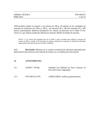 NORMA TÉCNICA                                                                          NTP 400.012
PERUANA                                                                                   11 de 14



1994 permitió reducir la muestra a un mínimo de 300 g. El análisis de los resultados de
muestras de referencia con 300 g y 500 g , las muestras 99 y 100 (las muestras 99 y 100
fueron esencialmente idénticas) produjeron los valores de precisión de la Tabla 4 (Ver
Anexo C), que indican solamente diferencias menores debido al tamaño de muestra.


       NOTA 7: Los valores del agregado fino de la Tabla 3 serán revisados para reflejar la muestra de
       ensayo de 300 g, cuando se ha ensayado un número suficiente de muestras de referencia utilizando
       aquel tamaño de muestra que provea datos confiables.



11.2           Desviación: Mientras no se acepte un material de referencia adecuado para
determinar la desviación en este método de ensayo, no se establecerá la desviación.



12.             ANTECEDENTES


12.1            ASTM C 136-96a                    Standard Test Method for Sieve Analysis of
                                                  Fine and Coarse Aggregates.


12.2            NTP 400.012:1976                  AGREGADOS. Análisis granulometrico.
 