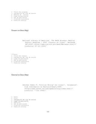 2   -   Título del programa
3   -   Designación del tipo de recurso
4   -   Mención de   versión
5   -   Lugar de publicación
6   -   Año de publicación
7   -   Dirección electrónica
8   -   Fecha de consulta




Tesauro en línea (http)




                    National Library of Medicine1. The MeSH Browser: Medical
                       Subject Headings : 20002 [tesauro en línea]3. Bethesda
                       MD4,20005.<http://www.nlm.nih.gov/mesh/Mbrowser.html/>6
                      [consulta: 25 oct 2000]7




1   - Autor
2   -   Título del tesauro
3   -   Designación del tipo de recurso
4   -   Lugar de publicación
5   -   Año de publicación
6   -   Dirección electrónica
7   -   Fecha de consulta




Tutorial en línea (http)




                    Sánchez Gómez F1. Tutorial Winzip2 [en línea]3. Salamanca4:
                      Club Informático en Multisistemas5,19996.
                      <http:cisem.iponet.es/cyborgweb/winzip/index.html/>7
                      [consulta: 7 nov 1999]8.



1   -   Autor
2   –   Títul
3   -   Designación del tipo de recurso
4   -   Lugar de publicación
5   –   Editorial
6   –   Año de publicación
7   –   Dirección electrónica
8   –   Fecha de consulta



                                              64
 