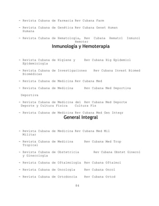 - Revista Cubana de Farmacia Rev Cubana Farm

- Revista Cubana de Genética Rev Cubana Genet Human
  Humana

- Revista Cubana de Hematología, Rev     Cubana   Hematol   Inmunol
                             Hemoter
                 Inmunología y Hemoterapia

- Revista Cubana de Higiene y        Rev Cubana Hig Epidemiol
  Epidemiología

- Revista Cubana de Investigaciones      Rev Cubana Invest Biomed
  Biomédicas

- Revista Cubana de Medicina Rev Cubana Med

- Revista Cubana de Medicina         Rev Cubana Med Deportiva

 Deportiva

- Revista Cubana de Medicina del Rev Cubana Med Deporte
 Deporte y Cultura Física    Cultura Fis

- Revista Cubana de Medicina Rev Cubana Med Gen Integr
                       General Integral

- Revista Cubana de Medicina Rev Cubana Med Mil
  Militar

- Revista Cubana de Medicina         Rev Cubana Med Trop
  Tropical

- Revista Cubana de Obstetricia          Rev Cubana Obstet Ginecol
  y Ginecología

- Revista Cubana de Oftalmología     Rev Cubana Oftalmol

- Revista Cubana de Oncología        Rev Cubana Oncol

- Revista Cubana de Ortodoncia       Rev Cubana Ortod

                                84
 