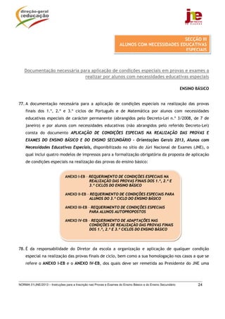 SECÇÃO III
                                                                    ALUNOS COM NECESSIDADES EDUCATIVAS
                                                                                              ESPECIAIS



   Documentação necessária para aplicação de condições especiais em provas e exames a
                             realizar por alunos com necessidades educativas especiais

                                                                                                              ENSINO BÁSICO


77. A documentação necessária para a aplicação de condições especiais na realização das provas
    finais dos 1.º, 2.º e 3.º ciclos de Português e de Matemática por alunos com necessidades
    educativas especiais de carácter permanente (abrangidos pelo Decreto-Lei n.º 3/2008, de 7 de
    janeiro) e por alunos com necessidades educativas (não abrangidos pelo referido Decreto-Lei)
    consta do documento APLICAÇÃO DE CONDIÇÕES ESPECIAIS NA REALIZAÇÃO DAS PROVAS E
    EXAMES DO ENSINO BÁSICO E DO ENSINO SECUNDÁRIO - Orientações Gerais 2013, Alunos com
    Necessidades Educativas Especiais, disponibilizado no sítio do Júri Nacional de Exames (JNE), o
    qual inclui quatro modelos de impressos para a formalização obrigatória da proposta de aplicação
    de condições especiais na realização das provas do ensino básico:


                               ANEXO I-EB – REQUERIMENTO DE CONDIÇÕES ESPECIAIS NA
                                            REALIZAÇÃO DAS PROVAS FINAIS DOS 1.º, 2.º E
                                            3.º CICLOS DO ENSINO BÁSICO

                               ANEXO II-EB - REQUERIMENTO DE CONDIÇÕES ESPECIAIS PARA
                                            ALUNOS DO 3.º CICLO DO ENSINO BÁSICO

                               ANEXO III-EB – REQUERIMENTO DE CONDIÇÕES ESPECIAIS
                                             PARA ALUNOS AUTOPROPOSTOS

                               ANEXO IV-EB – REQUERIMENTO DE ADAPTAÇÔES NAS
                                           CONDIÇÕES DE REALIZAÇÃO DAS PROVAS FINAIS
                                           DOS 1.º, 2.º E 3.º CICLOS DO ENSINO BÁSICO




78. É da responsabilidade do Diretor da escola a organização e aplicação de qualquer condição
    especial na realização das provas finais de ciclo, bem como a sua homologação nos casos a que se
    refere o ANEXO I-EB e o ANEXO IV-EB, dos quais deve ser remetida ao Presidente do JNE uma




NORMA 01/JNE/2013 – Instruções para a Inscrição nas Provas e Exames do Ensino Básico e do Ensino Secundário           24
 