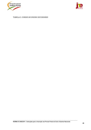 NORMA 01/JNE/2014 – Instruções para a Inscrição nas Provas Finais de Ciclo e Exames Nacionais
48
	
TABELA	C:	CURSOS	DO	ENSINO	SECUNDÁRIO		
	
	 	
 