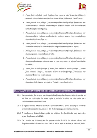 NORMA 02/JNE/2015 - Instruções para Realização | Classificação | Reapreciação | Reclamação
53
a) Prova	final	a	nível	de	escola	(código…)	ou	exame	a	nível	de	escola	(código…),	
com	dois	exemplares	dos	respetivos,	enunciado	e	critérios	de	classificação;	
b) Prova	final	de	ciclo	(código…)	ou	exame	final	nacional	(código…)	realizado	por	
aluno	com	baixa	visão	ou	com	limitações	motoras	severas	com	enunciado	em	
formato	digital	com	figuras;	
c) Prova	final	de	ciclo	(código…)	ou	exame	final	nacional	(código…)	realizado	por	
aluno	com	baixa	visão	ou	com	limitações	motoras	severas	com	enunciado	em	
formato	digital	sem	figuras;	
d) Prova	final	de	ciclo	(código…)	ou	exame	final	nacional	(código…)	realizado	por	
aluno	com	baixa	visão	com	enunciado	ampliado	em	suporte	de	papel;	
e) Prova	final	de	ciclo	(código…)	ou	exame	final	nacional	(código…)	realizado	por	
aluno	cego	com	enunciado	em	braille;	
f) Prova	final	de	ciclo	(código…)	ou	exame	final	nacional	(código…)	realizado	por	
aluno	com	limitações	motoras	severas	com	o	recurso	a	produtos/tecnologias	
de	apoio;	
g) Prova	final	de	ciclo	(código…),	prova	final	a	nível	de	escola	(código	…),exame	
final	nacional	(código…)	ou	exame	a	nível	de	escola	(código	…)	realizado	por	
aluno	surdo	severo	ou	profundo;	
h) Prova	final	de	ciclo	(código…)	ou	exame	final	nacional	(código…)	realizado	por	
aluno	com	dislexia	com	a	respetiva	Ficha	A	e	Nota	Explicativa.	
	
28. AFIXAÇÃO	DOS	ENUNCIADOS	E	DOS	CRITÉRIOS	DE	CLASSIFICAÇÃO	
28.1. Os	enunciados	das	provas	são	disponibilizados	em	local	apropriado	da	escola,	só	
no	 final	 da	 realização	 da	 prova,	 após	 o	 período	 previsto	 de	 tolerância,	 para	
conhecimento	dos	interessados.	
28.2. É	expressamente	interdito	facultar	o	conhecimento	da	prova	a	qualquer	entidade	
estranha	à	sua	realização,	antes	do	fim	do	tempo	regulamentar	da	mesma.	
28.3. A	 escola	 deve	 disponibilizar,	 ainda,	 os	 critérios	 de	 classificação	 logo	 que	 estes	
sejam	divulgados	pelo	IAVE.	
28.4. Os	 critérios	 de	 classificação	 das	 provas	 finais	 de	 ciclo	 do	 ensino	 básico	 são	
disponibilizados,	no	sítio	do	IAVE,	até	24	horas	após	a	realização	de	cada	prova,	
 