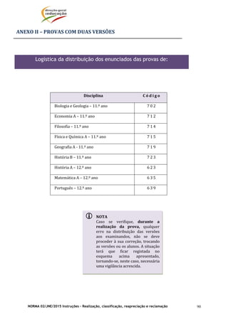 NORMA 02/JNE/2015 Instruções – Realização, classificação, reapreciação e reclamação 90
ANEXO	II	–	PROVAS	COM	DUAS	VERSÕES	
	
	
	
	
	
Disciplina	 C ó d i g o 	
Biologia	e	Geologia	–	11.º	ano		 7 0 2 	
Economia	A	–	11.º	ano	 7 1 2 	
Filosofia	–	11.º	ano	 7 1 4 	
Física	e	Química	A	–	11.º	ano	 7 1 5 	
Geografia	A	‐	11.º	ano	 7 1 9 	
História	B	–	11.º	ano	 7 2 3 	
História	A	–	12.º	ano	 6 2 3 	
Matemática	A	–	12.º	ano	 6 3 5 	
Português	–	12.º	ano	 6 3 9 	
	
	
	
	
	
	
	
	
	
	
	
	
	
 NOTA	
Caso	 se	 verifique,	 durante	 a	
realização	 da	 prova,	 qualquer	
erro	 na	 distribuição	 das	 versões	
aos	 examinandos,	 não	 se	 deve	
proceder	à	sua	correção,	trocando	
as	versões	ou	os	alunos.	A	situação	
terá	 que	 ficar	 registada	 no	
esquema	 acima	 apresentado,	
tornando‐se,	neste	caso,	necessária	
uma	vigilância	acrescida.	
Logística da distribuição dos enunciados das provas de:
 